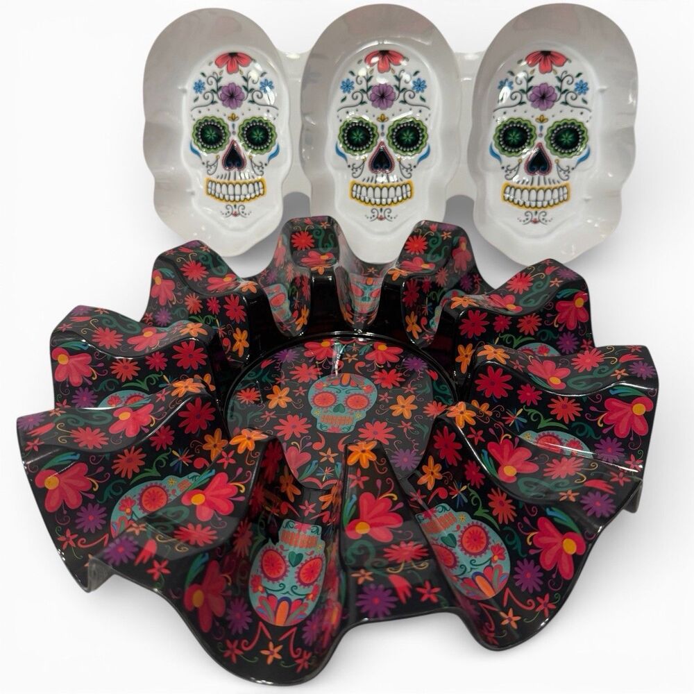 Taco Carousel Holder Tray Day Of The Dead Skull Dip Serving Party Platter Set